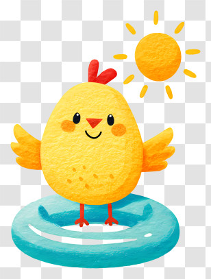 Cartoon Chick On Pool Float - Sunny Yellow Chick With Float Ring Transparent PNG