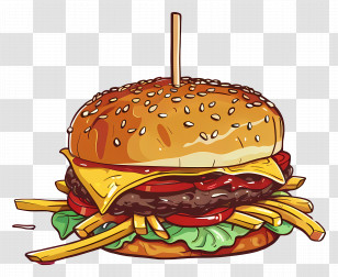 Animated Burger - Cheesy Burger With Fries In Artistic Style Transparent PNG