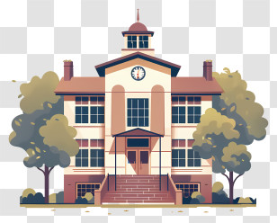 School - Classic School Building With Clock Tower Transparent PNG