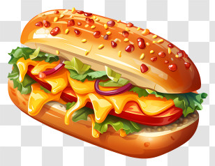 Hot Dog - Gourmet Hotdog With Cheese, Lettuce, And Red Onion Transparent PNG