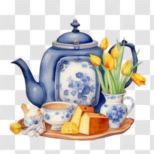 Teapot - Blue Floral Teapot And Cheese With Tulips Transparent PNG