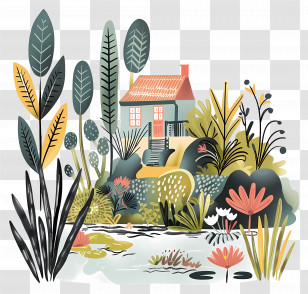 House Garden Cartoon - House Illustration Surrounded By Nature Transparent PNG