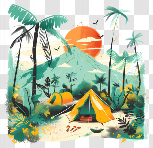 Summer Camp - Cozy Camping Scene With Tents By The Mountains Transparent PNG