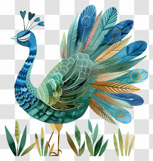 Cartoon Peacock - Blue-Green Peacock With Majestic Feathers Transparent PNG