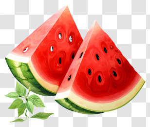 Watercolor Watermelon - Watermelon Slices With Mint Leaves Transparent PNG