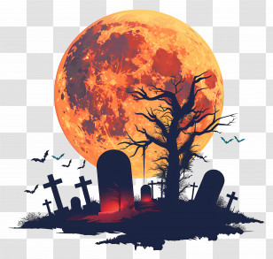 Halloween Full Moon - Spooky Graveyard With Full Moon And Bats Transparent PNG