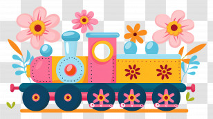 Cartoon Train - Colorful Train With Flowers Transparent PNG