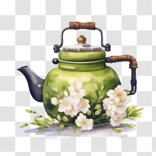 Teapot - Artistic Green Teapot With Floral Design Transparent PNG