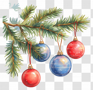 Christmas Balls On A Branch - Decorative Ornaments Hanging On Tree Branch Transparent PNG
