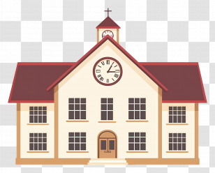 Cartoon School - Classic School Building With Clock Tower Transparent PNG