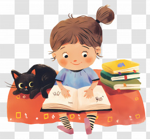 Little Girl Reading - Girl Reading With Black Cat Transparent PNG