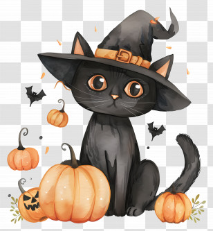 Halloween Cat - Black Cat With Witch Hat Among Pumpkins Transparent PNG
