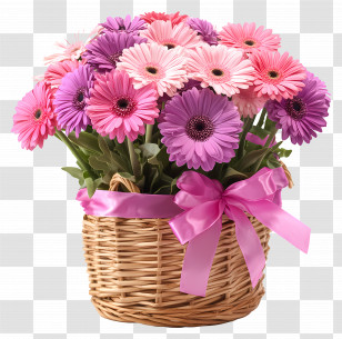 Birthday Flower Basket - Basket Of Colorful Flowers With Ribbon Transparent PNG