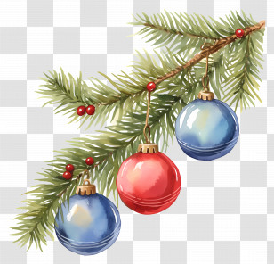 Christmas Balls On A Branch - Christmas Baubles Hanging On Pine Branch Transparent PNG