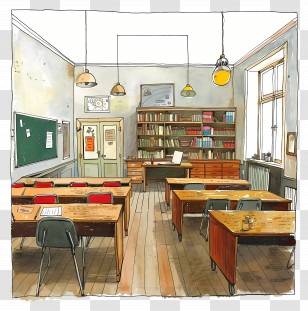Classroom - Vintage Classroom With Desks And Books Transparent PNG
