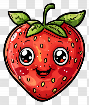 Cartoon Strawberry - Smiling Cartoon Strawberry With Green Leaves Transparent PNG