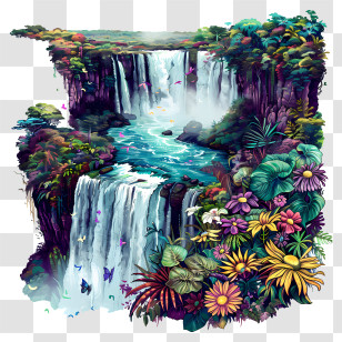Iguazu Falls - Beautiful Waterfall With Flowers Transparent PNG