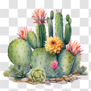 Cactus - Blooming Cactus Illustration With Colorful Flowers Transparent PNG