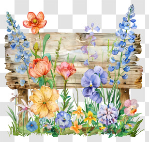 Spring Flowers Sign Board - Rustic Wooden Board With Blossoming Flowers Transparent PNG