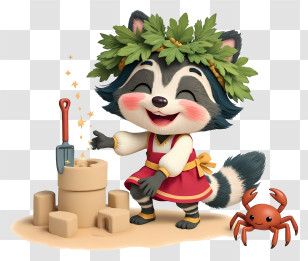 Raccoon Girl Mascot - Happy Raccoon Building Sandcastle Transparent PNG