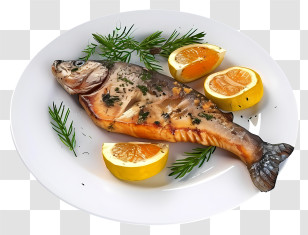 Realistic 3d Fish Dish - Roasted Fish With Lemon Slices On Dinner Plate Transparent PNG