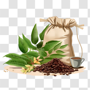 Coffee Beans Bag - Coffee Beans With Sack And Leaves Transparent PNG