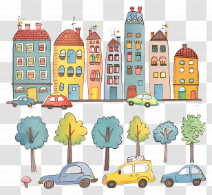 Cars In The City - Colorful Doodle Cityscape With Cars And Trees Transparent PNG