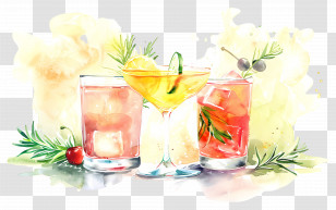 Watercolor Cocktail - Colorful Cocktails With Garnishes Transparent PNG