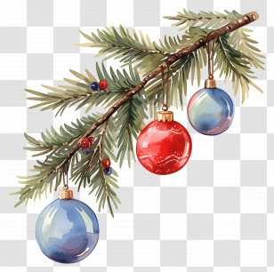 Christmas Balls On A Branch - Christmas Tree Branch With Hanging Ornaments Transparent PNG