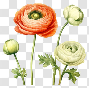 Black And White Painting - Illustration Of Orange And Cream Ranunculus Flowers Transparent PNG