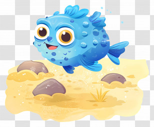 Cute Pufferfish - Cartoon Blue Fish In The Sand Transparent PNG