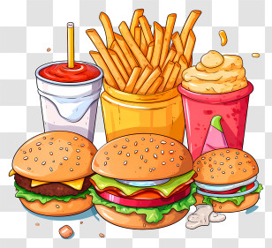 Fast Food - Fast Food Cartoon Illustration Of Burgers, Fries, And Drinks Transparent PNG