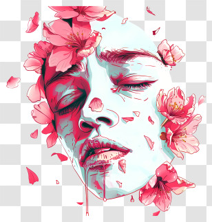 Crying Face - Artistic Face With Pink Flowers Transparent PNG