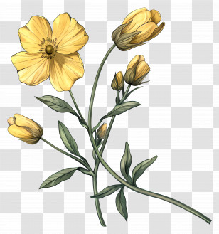 Buttercup Flower - Yellow Buttercup Flower Botanical Illustration Transparent PNG
