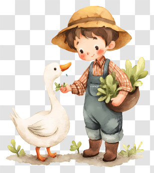 Child Feeding Goose - Boy Feeding Goose With Plants Transparent PNG
