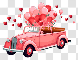 Minimalized Flat Vector Illustrate - Pink Vintage Car Filled With Balloons And Hearts Transparent PNG