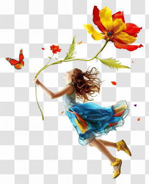 Girl - Girl Holding A Giant Flower With Butterfly Transparent PNG