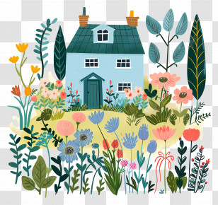 Cottage Garden - Colorful House And Floral Garden Illustration Transparent PNG