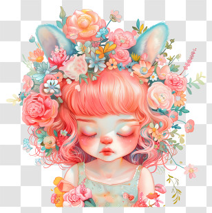 Kawaii - Cute Girl With Floral Headpiece Transparent PNG