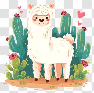 Alpaca Cartoon - Llama With Cacti And Hearts Transparent PNG