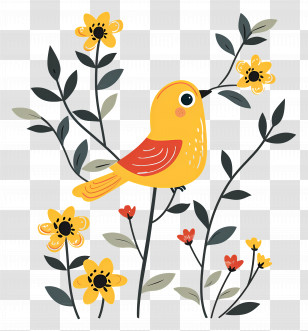 Yellow Bird On Flowers - Yellow Bird Among Floral Blooms In Nature Transparent PNG