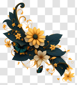 Flower Butterfly Corner - Yellow Flower And Butterfly Ornament Transparent PNG