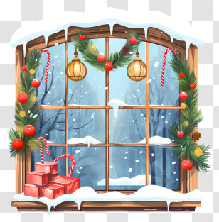 Snowy View - Snowy Winter Window With Gifts And Holiday Decorations Transparent PNG