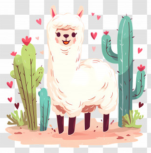 Alpaca Cartoon - Llama With Cacti And Hearts Transparent PNG