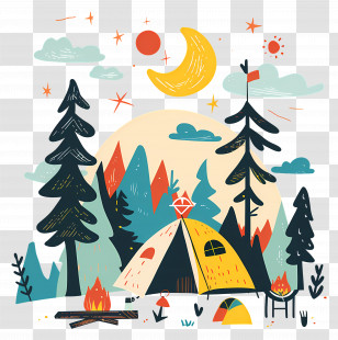 Summer Camp - Colorful Camping Scene At Night Transparent PNG