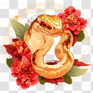 Year Snake - Golden Snake With Red Flowers Transparent PNG
