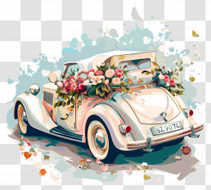 Wedding Car - Decorated Wedding Car With Flowers Transparent PNG