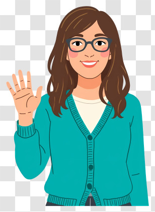 Girl With Glasses - Woman Waving In Blue Cardigan Transparent PNG
