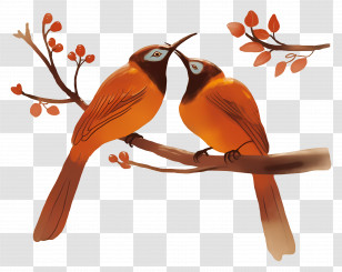 Tree With Birds - Two Birds Sitting On A Branch With Autumn Leaves Transparent PNG