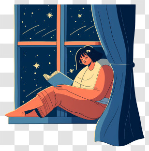 Woman Sitting On Windowsill - Reading By The Window At Night Transparent PNG